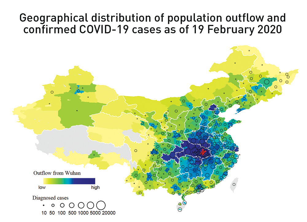 Geographical distribution of population outflow and confirmed COVID-19 cases as of February 19, 2020