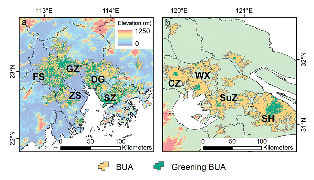 Greening built-up areas in Pearl River Delta and Yangtze River Delta