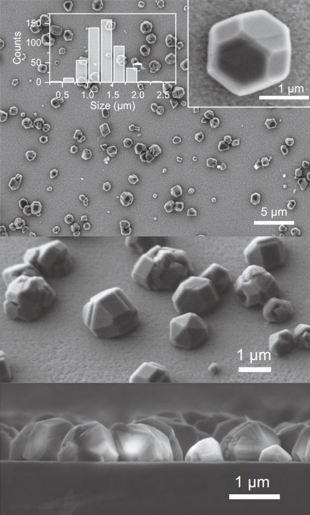 The top view (top), side view (centre) and cross section (bottom) of electron microscopy images of a diamond Physically Unclonable Functions label. The indiviadual diamond microparticles and their spread on the silicon substrate are clearly visible.