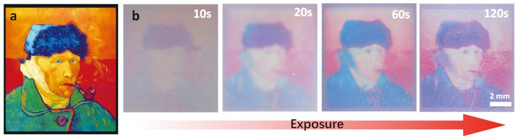 Colour changes to a picture caused by pigment particles rearrangement after exposure to light.